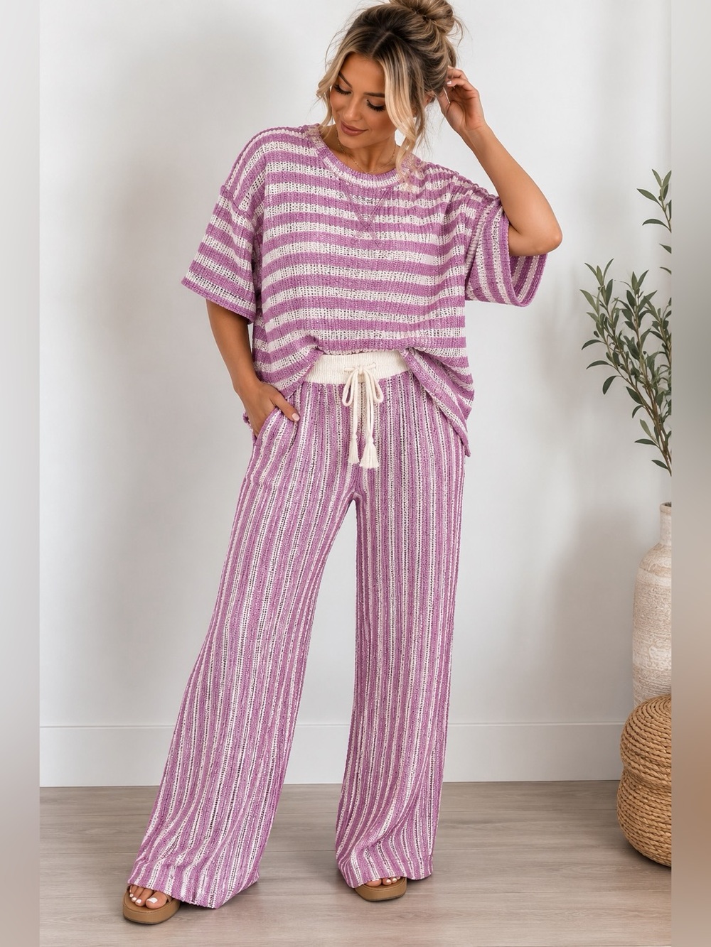 Zenana NWT Striped Ribbed Wide Leg Pants with Oversized Top